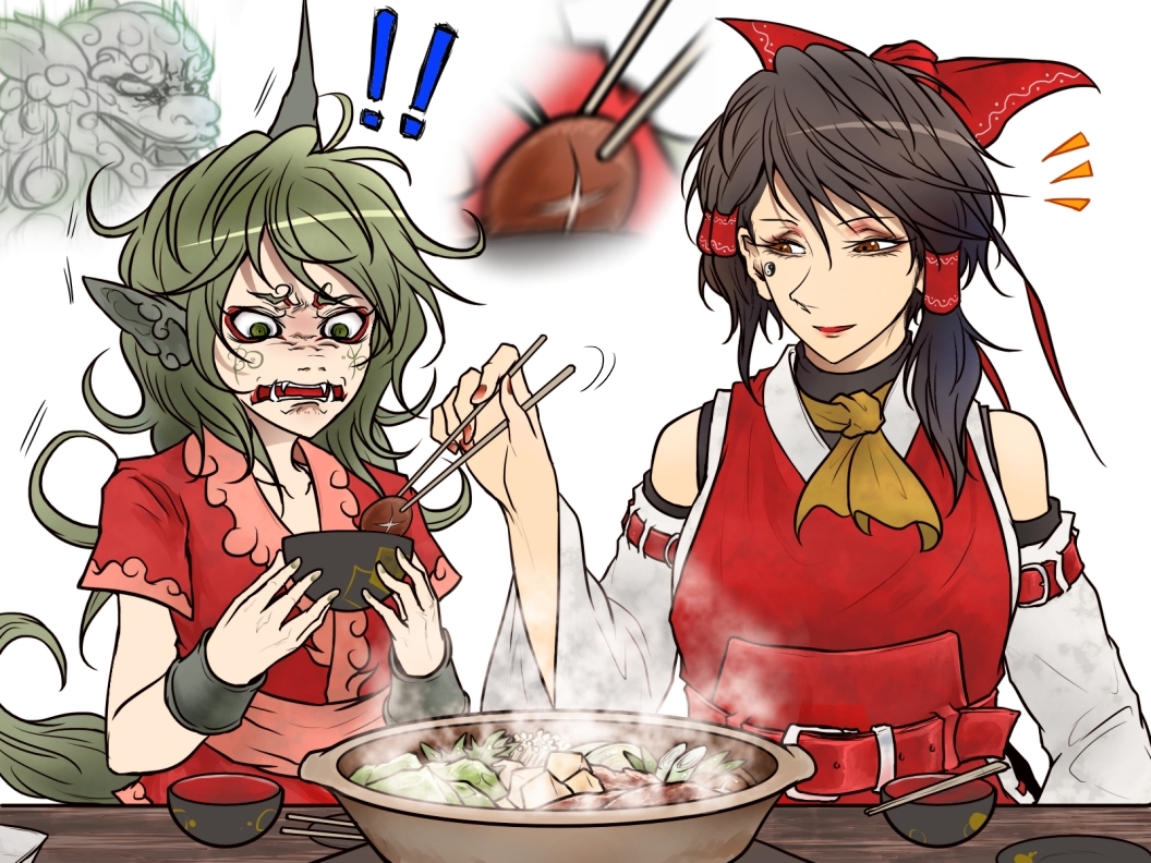 2girls animal_ears ascot bare_arms bare_shoulders bow brown_eyes chocolate_hair chopsticks close-up cloud_print collarbone curly_hair detached_sleeves disgust facepaint fangs food green_eyes green_hair hair_bow hair_tubes hakurei_reimu hand_up hands_up holding_chopsticks horn hotpot kariyushi_shirt komano_aunn long_hair looking_at_another medium_hair multiple_girls open_mouth parted_lips red_shirt ryuuichi_(f_dragon) shirt short_sleeves side_ponytail simple_background smile table touhou upper_body white_background
