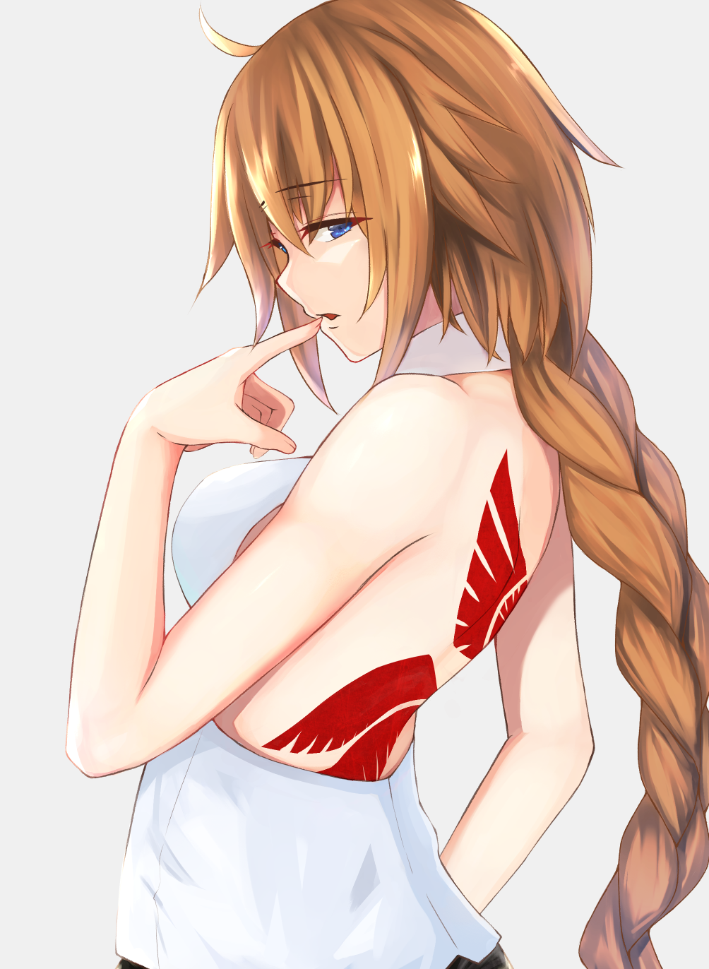 1girl ahoge backless_outfit bangs blonde_hair blue_eyes blush braid breasts fate/apocrypha fate_(series) finger_to_mouth from_side highres jeanne_d'arc_(fate) jeanne_d'arc_(fate)_(all) long_hair looking_at_viewer looking_to_the_side medium_breasts parted_lips profile single_braid sleeveless sleeveless_turtleneck solo tattoo turtleneck upper_body yami_kyon_oov