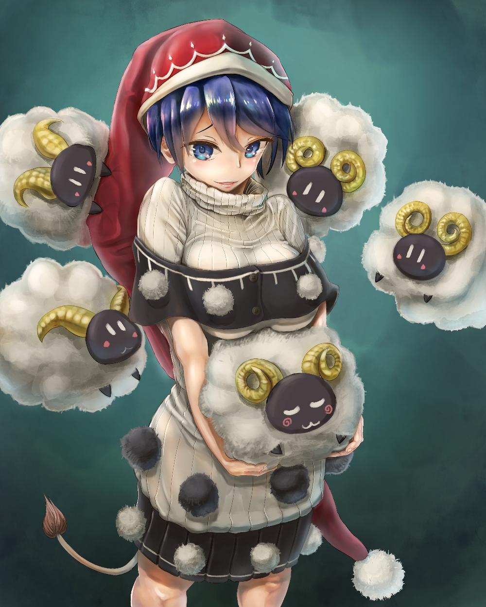1girl :3 animal bare_arms blue_eyes blue_hair breasts commentary_request doremy_sweet dress green_background haruno_(kuromitugozen) hat highres holding holding_animal large_breasts lips looking_at_viewer nightcap parted_lips pom_pom_(clothes) red_hat ribbed_sweater sheep short_hair solo standing sweater sweater_dress tail tapir_tail touhou turtleneck turtleneck_sweater white_sweater