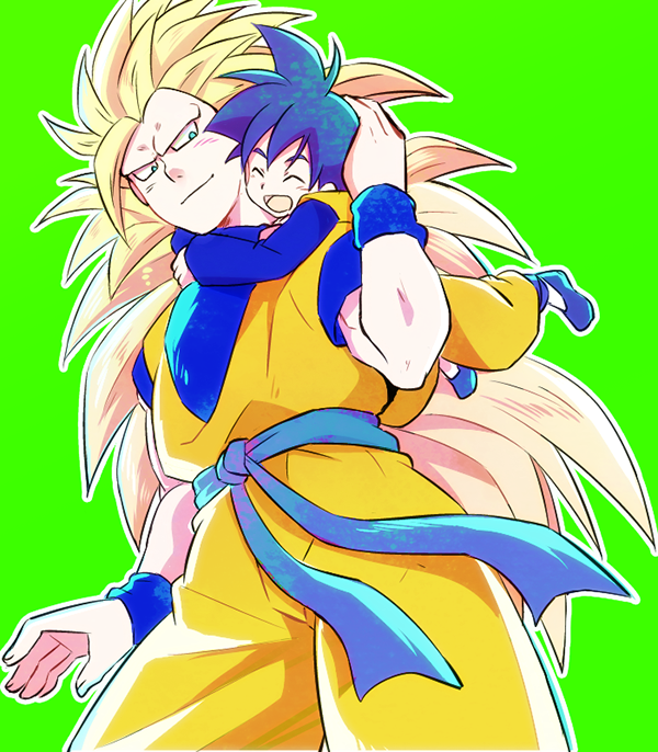 2boys aqua_eyes black_eyes black_hair blonde_hair closed_eyes dougi dragon_ball dragonball_z father_and_son green_background happy hug hug_from_behind long_hair looking_at_another male_focus multiple_boys open_mouth rochiko_(bgl6751010) simple_background smile son_gokuu son_goten spiky_hair super_saiyan_3 very_long_hair wristband