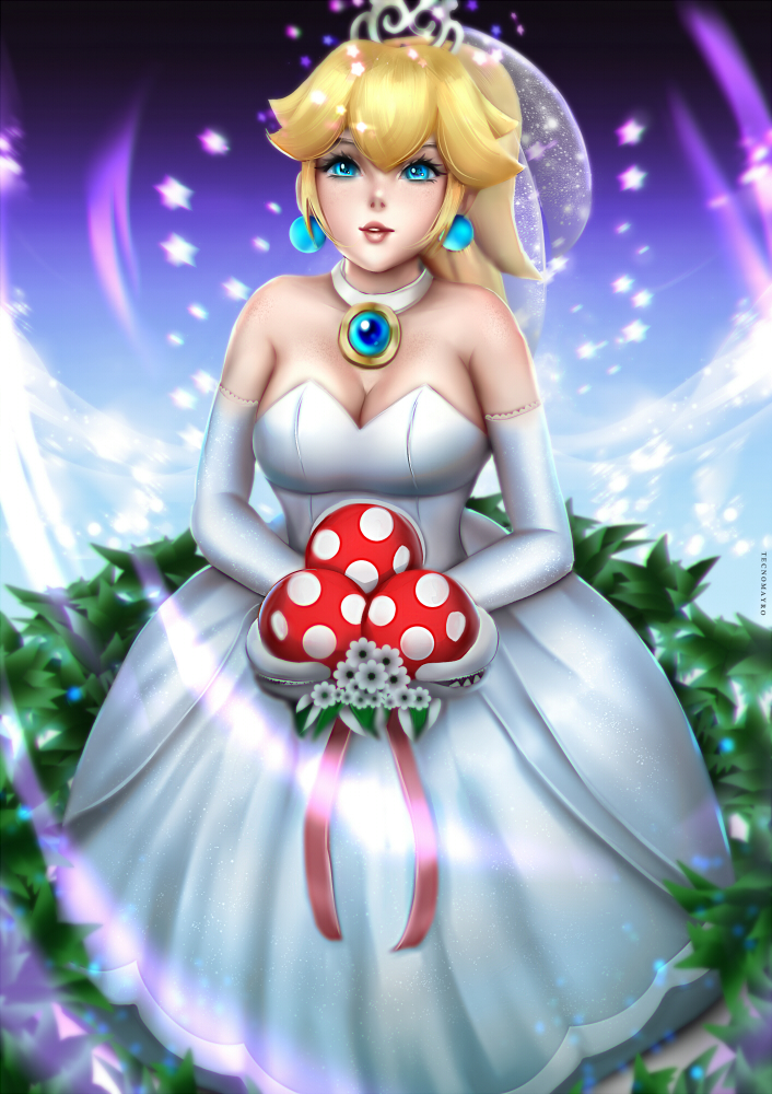 1girl blonde_hair blue_eyes breasts dress field gloves jewelry long_hair looking_at_viewer super_mario_bros. nintendo piranha_plant ponytail princess_peach smile solo super_mario_bros. super_mario_odyssey tecnomayro veil wedding_dress white_gloves