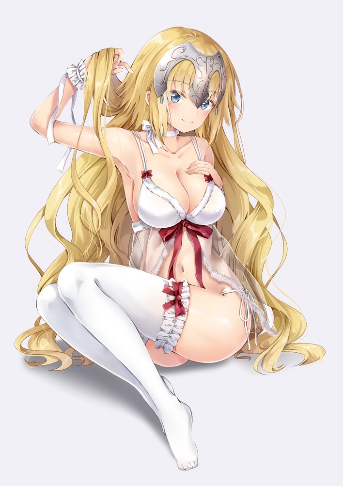 1girl arm_up babydoll bangs blonde_hair blush breasts cleavage closed_mouth collarbone eyebrows_visible_through_hair fate/apocrypha fate/grand_order fate_(series) frills full_body grey_background hand_in_hair hand_on_own_chest headpiece jeanne_d'arc_(fate) jeanne_d'arc_(fate)_(all) large_breasts legs_together lingerie long_hair looking_at_viewer navel plantar_flexion see-through sidelocks simple_background sitting smile solo thigh-highs thighs underwear white_legwear yoshida_iyo