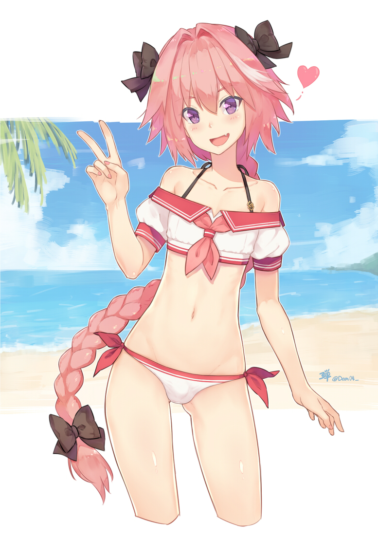 1boy adapted_costume bare_shoulders beach bikini bikini_bottom blue_sky blush braid bulge clouds collarbone commentary_request cowboy_shot crop_top dan_(kumadan) day fang fate/apocrypha fate/grand_order fate_(series) gluteal_fold hair_ribbon head_tilt heart long_hair looking_at_viewer male_focus navel ocean open_mouth outdoors palm_tree pink_hair revision ribbon rider_of_black sailor_collar sand school_uniform serafuku single_braid sky smile solo spaghetti_strap swimsuit trap tree twitter_username v violet_eyes water