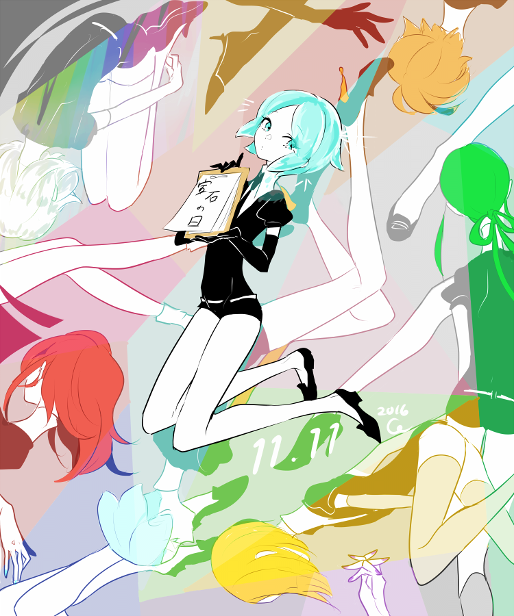 androgynous black_gloves black_neckwear black_shorts blonde_hair cojimama dated diamond_(houseki_no_kuni) elbow_gloves gloves green_eyes green_hair hair_rings hidden_eyes houseki_no_kuni jade_(houseki_no_kuni) kneehighs leg_hug long_hair multicolored_hair necktie phosphophyllite redhead shinsha_(houseki_no_kuni) shirt short_hair short_sleeves shorts signature thigh-highs uniform white_gloves white_legwear white_shirt yellow_diamond_(houseki_no_kuni)