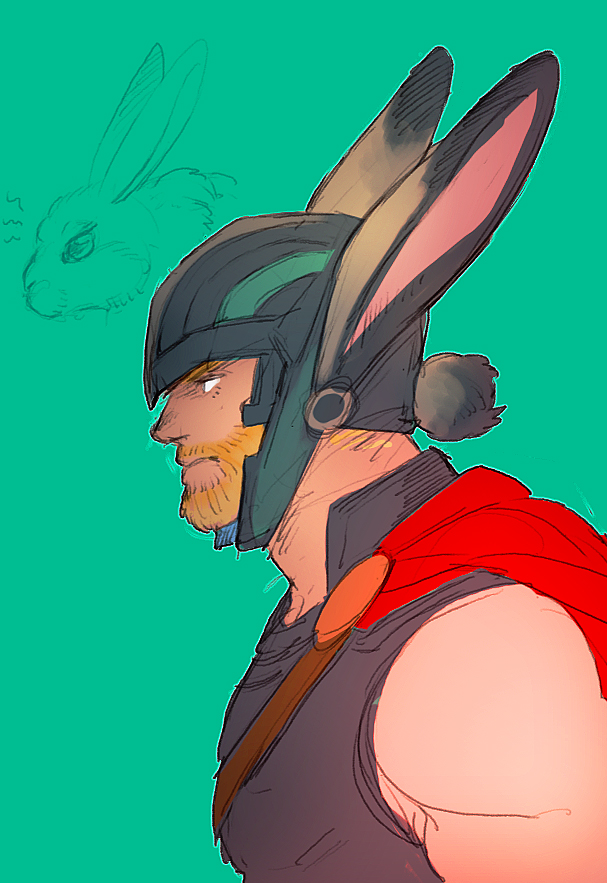 1boy animal_ears blonde_hair blue_eyes bunny_tail green_background helmet male_focus marvel nikumeron profile rabbit_ears simple_background solo tail thor_(marvel)