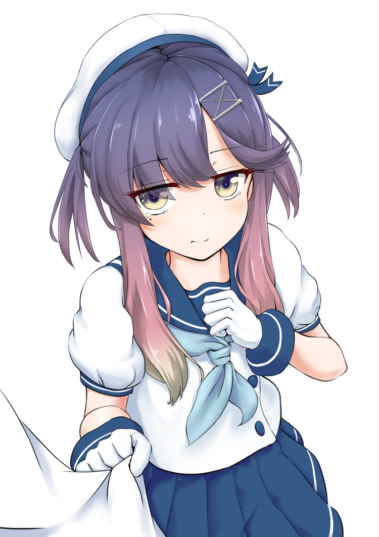 1girl bangs blue_neckwear blue_sailor_collar blue_skirt eyebrows_visible_through_hair eyes_visible_through_hair gloves gradient_hair hair_between_eyes hand_on_own_chest hat holding_shirt kantai_collection long_hair looking_at_viewer multicolored_hair neckerchief pleated_skirt puffy_short_sleeves puffy_sleeves purple_hair sailor_collar sailor_hat school_uniform serafuku short_sleeves simple_background skirt smile solo tearing_up thigh-highs tsushima_(kantai_collection) white_background white_gloves white_hat yellow_eyes yumemi_kusamochi