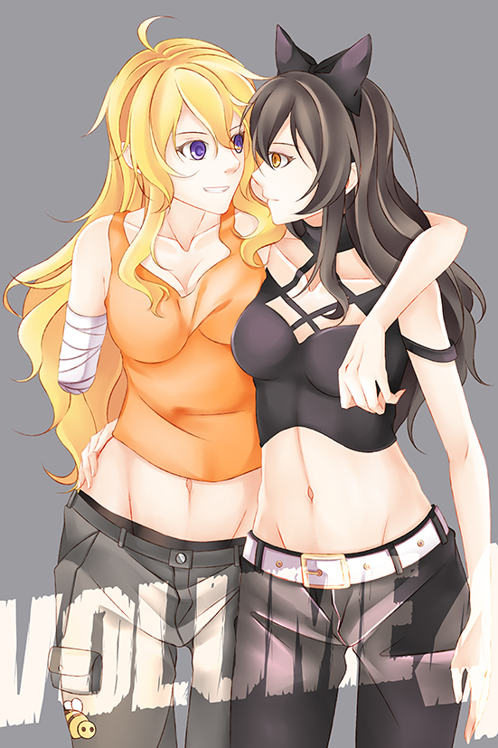 2girls ahoge amputee arm_around_shoulder arm_around_waist bandage black_bow black_hair blake_belladonna blonde_hair bow breasts cleavage english eye_contact grey_background groin hair_bow hand_on_another's_hip inu0831 large_breasts long_hair looking_at_another medium_breasts midriff multiple_girls navel off_shoulder pants rwby smile strap_slip tank_top violet_eyes yang_xiao_long