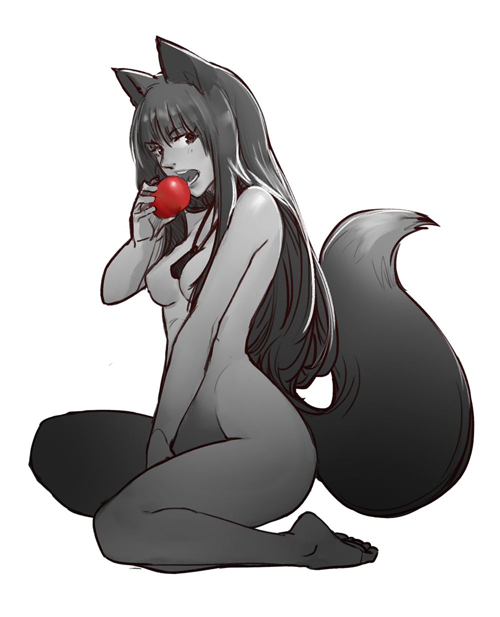 1girl animal_ears apple bangs barefoot breasts eating eyebrows_visible_through_hair food from_side fruit full_body greyscale highres holding holding_fruit holo less long_hair looking_at_viewer medium_breasts monochrome nude open_mouth simple_background sitting solo spice_and_wolf spot_color tail white_background wolf_ears wolf_tail