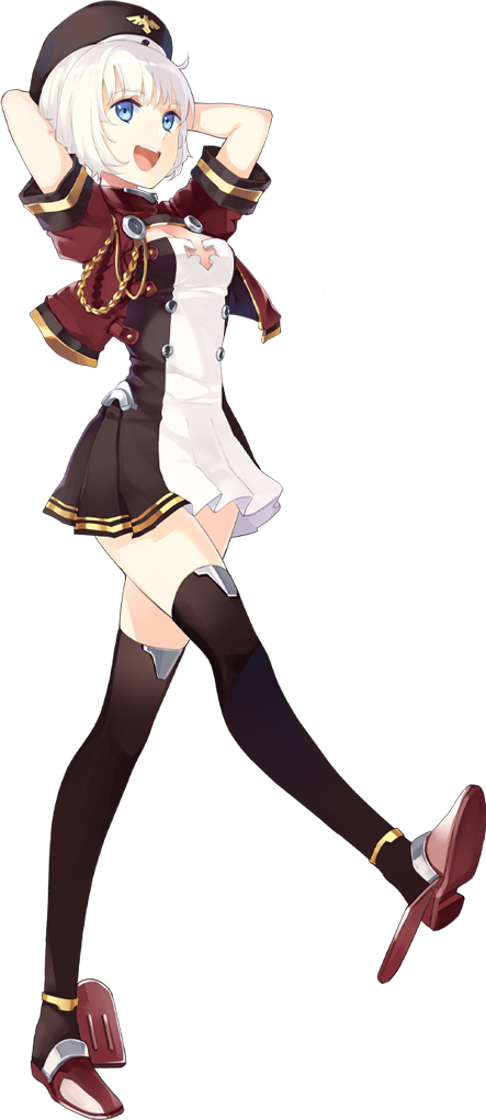 1girl :d aiguillette arms_behind_head azur_lane black_hat black_legwear blue_eyes breasts cropped_jacket dress full_body hao_(patinnko) hat jacket karlsruhe_(azur_lane) leg_up official_art open_mouth red_footwear red_jacket shoes short_dress short_hair short_sleeves simple_background small_breasts smile solo standing standing_on_one_leg teeth thigh-highs tongue transparent_background white_hair zettai_ryouiki