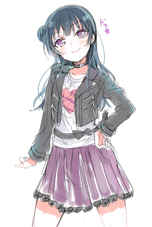 1girl black_hair blush casual choker cropped_jacket hair_bun jacket leather leather_jacket love_live! love_live!_sunshine!! nakayama_miyuki open_clothes open_jacket simple_background sketch skirt smile smug solo tsushima_yoshiko violet_eyes white_background