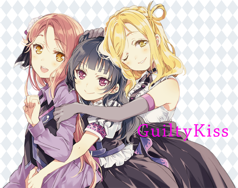 3girls argyle argyle_background bangs black_hair blonde_hair blush braid checkered checkered_background choker clenched_hand commentary_request crown_braid elbow_gloves frills girl_sandwich gloves grin group_hug group_name guilty_kiss_(love_live!) hair_ornament hair_rings hand_on_another's_head hug hug_from_behind long_hair long_sleeves looking_at_viewer love_live! love_live!_sunshine!! multiple_girls nakayama_miyuki ohara_mari one_eye_closed open_mouth puffy_short_sleeves puffy_sleeves red_eyes sakurauchi_riko sandwiched short_sleeves side_bun skirt sleeveless smile strawberry_trapper tsushima_yoshiko yellow_eyes