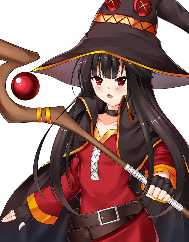 1girl belt black_hair blush cape cosplay demon_archer dress fate/grand_order fate_(series) fingerless_gloves gloves hat holding holding_weapon kono_subarashii_sekai_ni_shukufuku_wo! long_hair looking_at_viewer megumin megumin_(cosplay) open_mouth red_eyes solo staff weapon witch_hat yan_lie