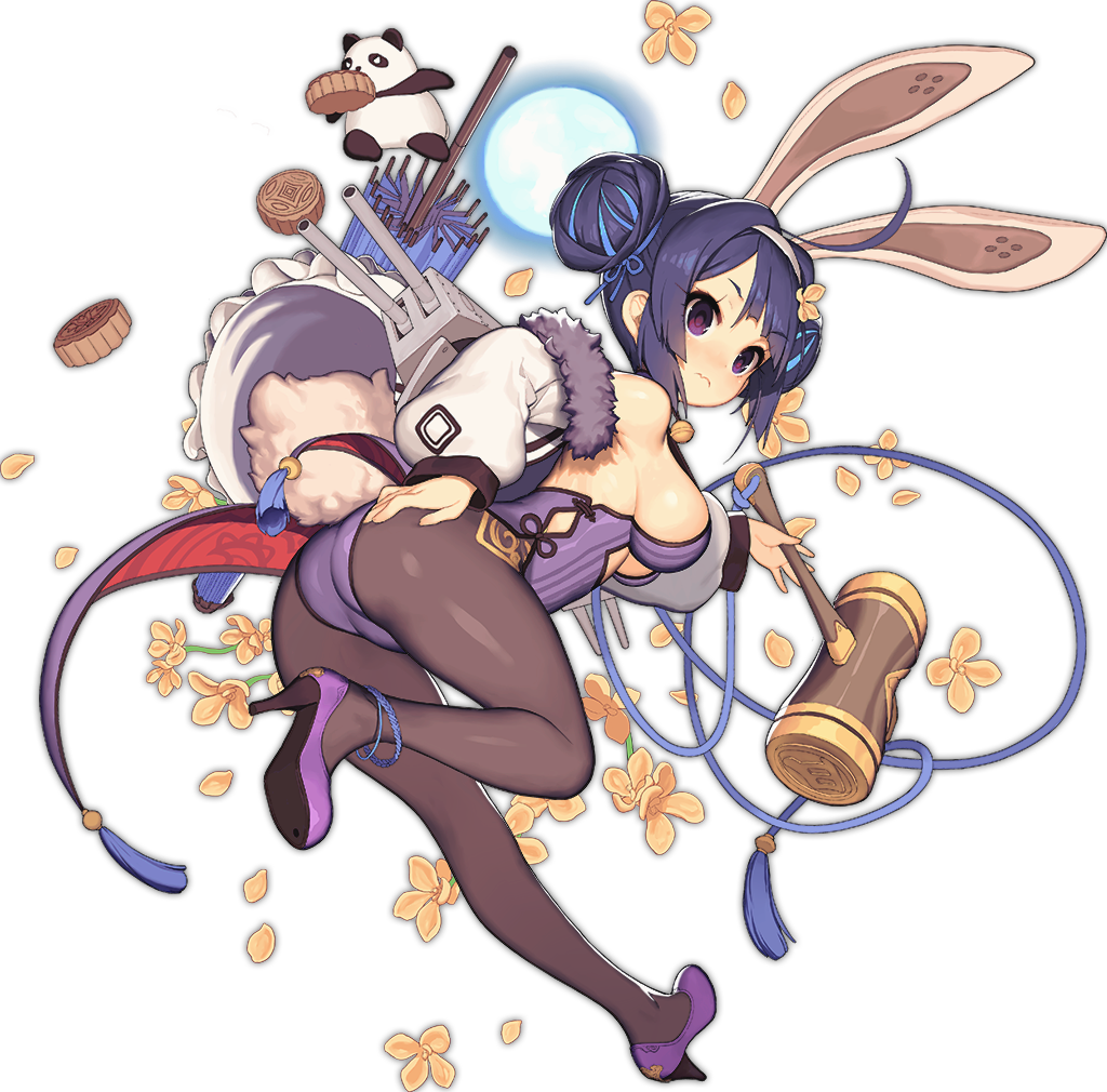 1girl 3: animal_ears anklet ass azur_lane bangs black_hair black_legwear blue_ribbon blush breasts bunny_tail closed_mouth eyebrows eyelashes fake_animal_ears fake_tail flower full_body full_moon fur_trim hair_bun hair_ribbon hairband high_heels jewelry leotard machinery medium_breasts moon ning_hai_(azur_lane) official_art panda pantyhose purple_footwear purple_hair purple_leotard rabbit_ears ribbon short_hair sidelocks simple_background solo tail transparent_background tsliuyixin turret violet_eyes white_hairband