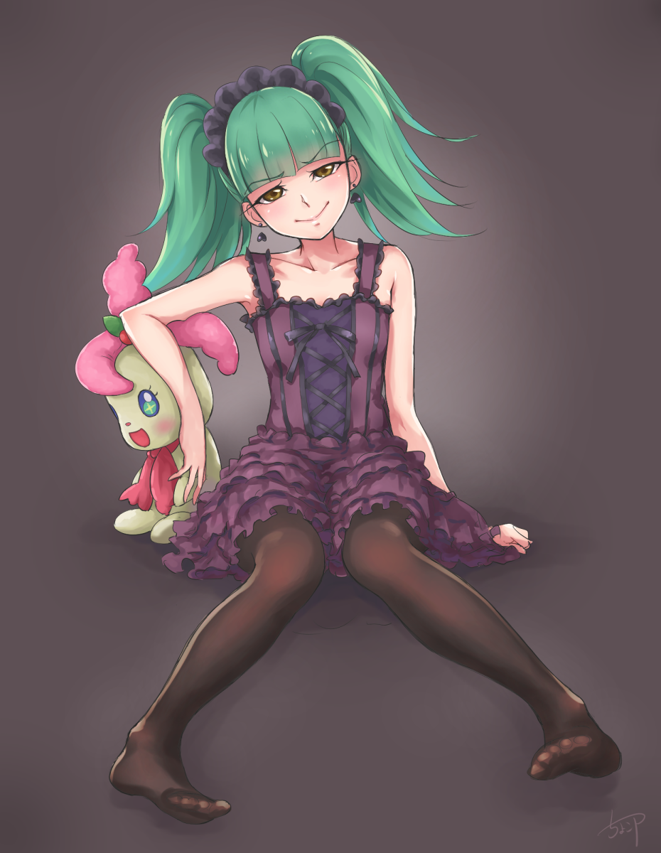 1girl biburi_(precure) black_hairband black_legwear character_doll chocokin closed_mouth dress earrings frilled_dress frilled_hairband frills full_body green_hair grey_background hairband highres jewelry kirakira_precure_a_la_mode kirarin_(precure) looking_at_viewer pantyhose precure purple_dress short_hair signature simple_background sitting smile solo stuffed_toy twintails yellow_eyes