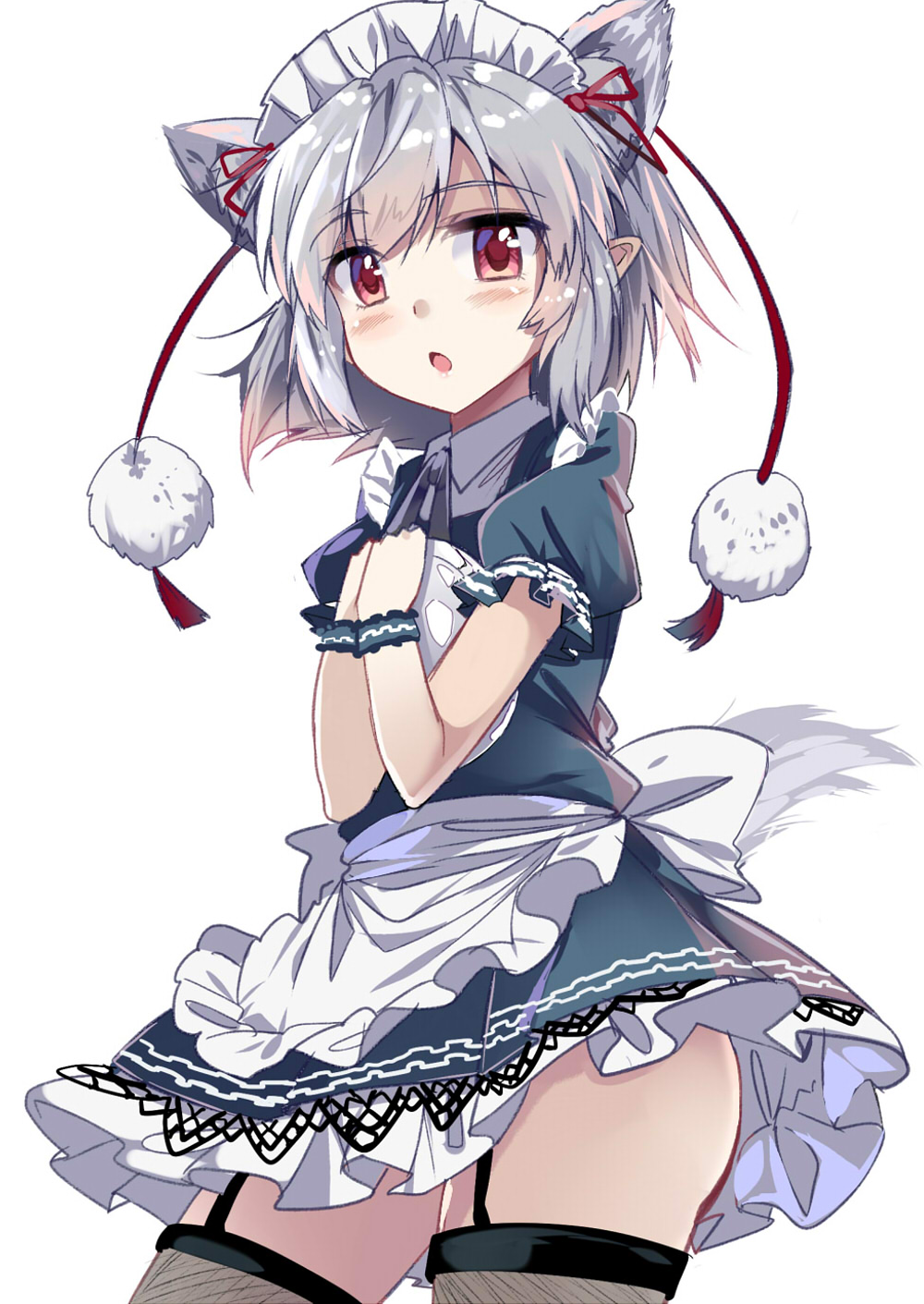 1girl alternate_costume animal_ears apron blush braid e.o. enmaided extra_ears frills highres inubashiri_momiji looking_at_viewer maid maid_apron maid_headdress open_mouth puffy_sleeves red_eyes short_hair silver_hair simple_background solo tagme tail thigh-highs touhou waist_apron white_background wolf_ears wolf_tail