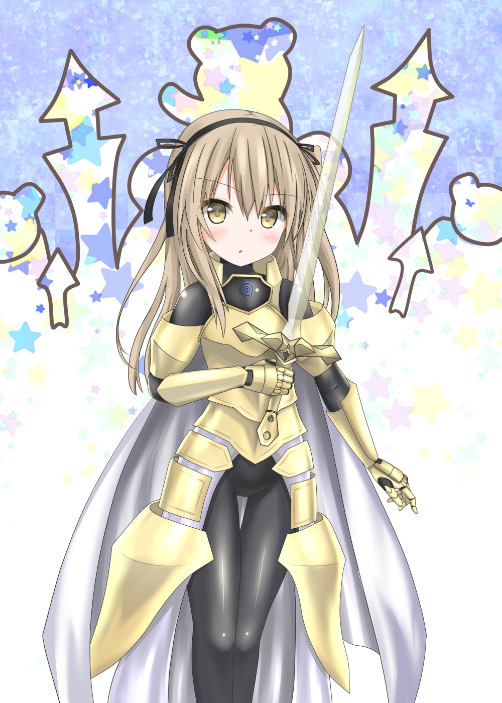 1girl alternate_costume animal_print armor armored_dress bangs bear_print black_bodysuit black_ribbon bodysuit brown_eyes cape commentary_request crystal_sword emblem eyebrows_visible_through_hair gauntlets girls_und_panzer hair_ribbon highres holding holding_weapon langley1000 light_brown_hair long_hair looking_at_viewer multicolored multicolored_background parted_lips ribbon selection_university_(emblem) shimada_arisu side_ponytail skin_tight solo standing star star_print sword thigh_gap weapon white_cape