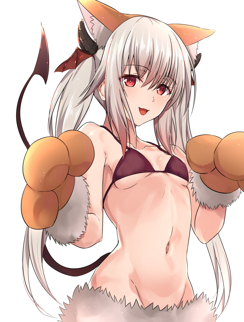1girl :3 :d bangs bikini bikini_top blush breasts brown_bikini brown_hair demon_horns demon_tail eyebrows_visible_through_hair gradient_hair grey_hair groin hair_between_eyes hands_up horns long_hair looking_at_viewer multicolored_hair navel open_mouth original paw_pose paws red_eyes sidelocks simple_background small_breasts smile solo swimsuit tai_(nazutai) tail twintails under_boob upper_body white_background