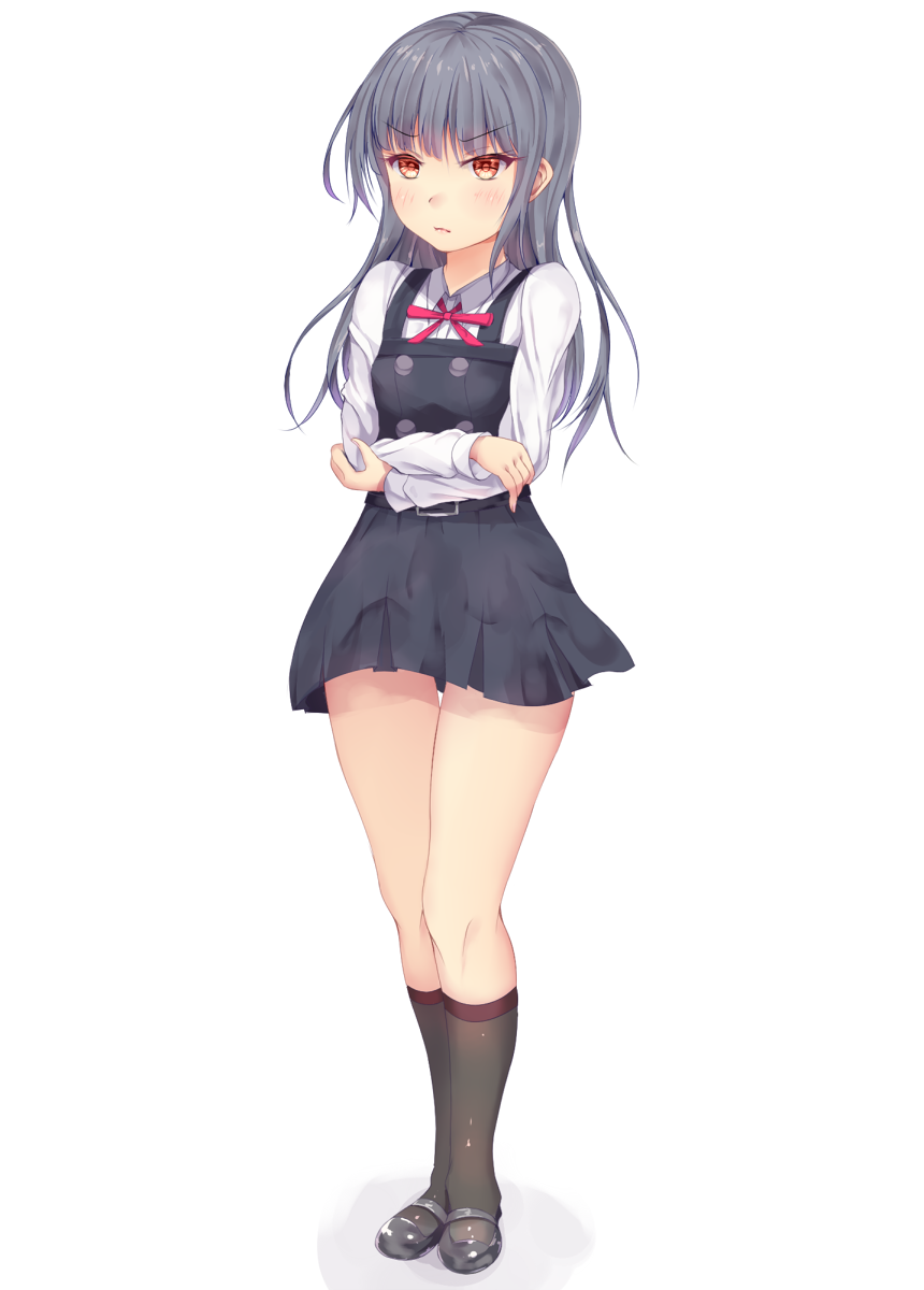 1girl black_legwear crossed_arms dress full_body grey_hair hair_down highres kantai_collection kasumi_(kantai_collection) kneehighs long_hair long_sleeves pinafore_dress remodel_(kantai_collection) shiro_usagi simple_background solo standing white_background yellow_eyes