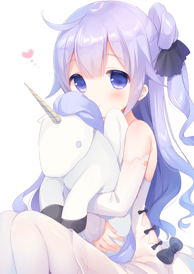 1girl ahoge azur_lane bangs bare_shoulders black_bow black_ribbon blush bow closed_mouth commentary_request detached_sleeves dress eyebrows_visible_through_hair fingernails hair_bun hair_ribbon heart long_hair looking_at_viewer object_hug pantyhose purple_hair ribbon side_bun simple_background sitting smile solo strapless strapless_dress stuffed_animal stuffed_pegasus stuffed_toy unicorn_(azur_lane) usashiro_mani very_long_hair violet_eyes white_background white_dress white_legwear white_sleeves