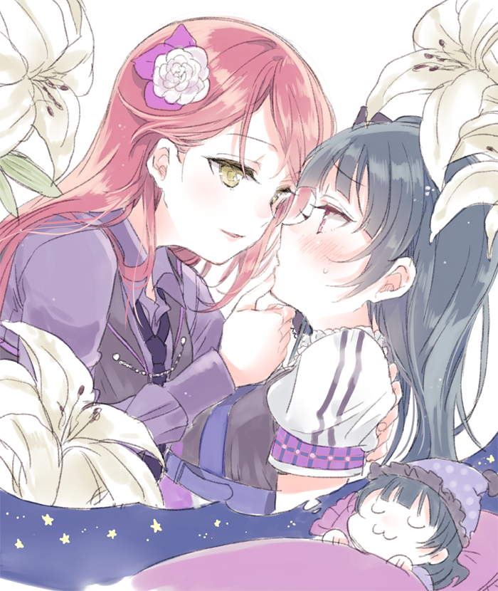 2girls :3 arm_around_back black_hair blush chin_grab closed_eyes dreaming eye_contact flower hair_flower hair_ornament imminent_kiss lily_(flower) long_hair long_sleeves looking_at_another love_live! love_live!_sunshine!! multiple_girls nakayama_miyuki necktie redhead sakurauchi_riko sleeping strawberry_trapper teruyof tsushima_yoshiko vest yellow_eyes yuri