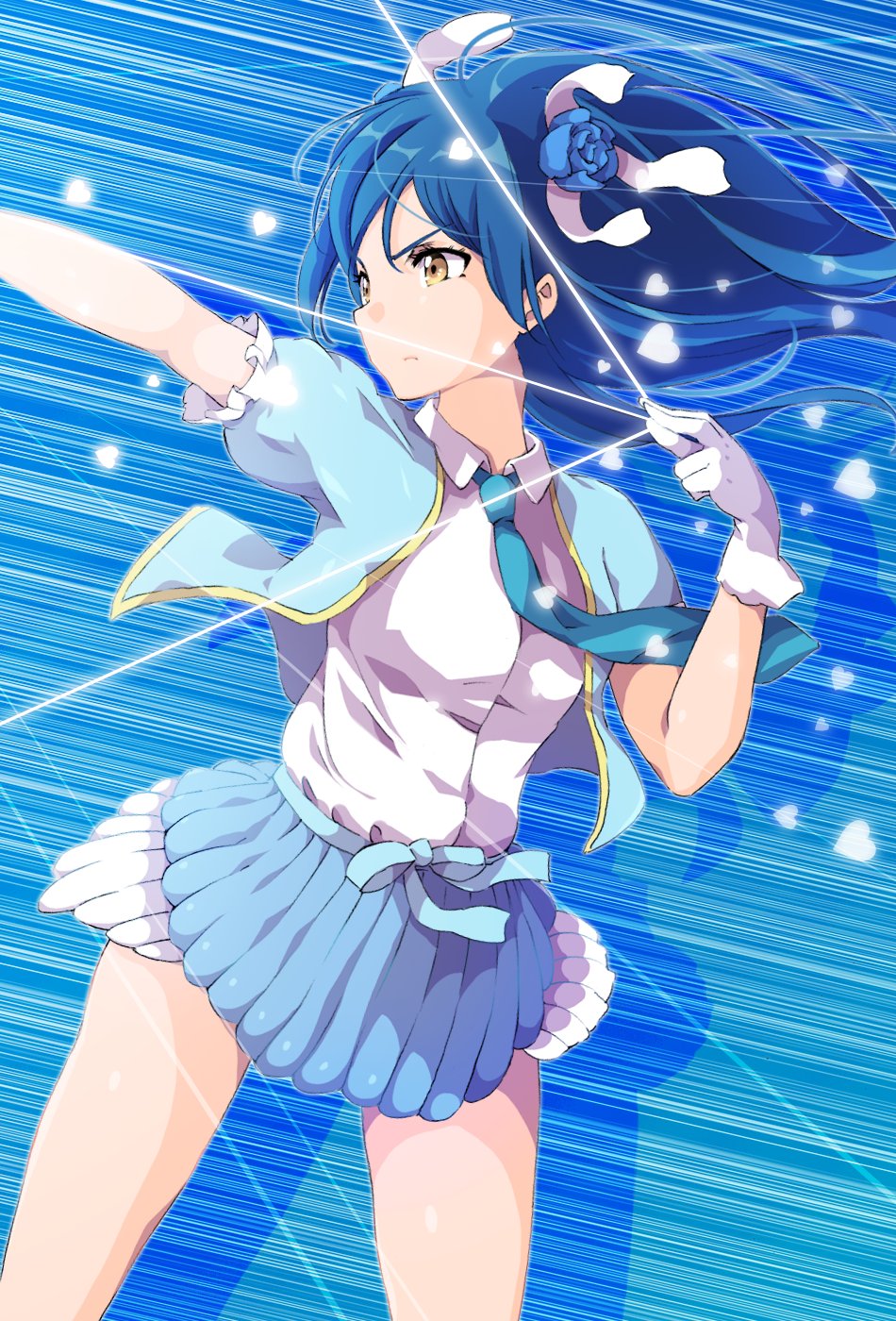 1girl arrow bangs blue_background blue_hair blue_neckwear blue_ribbon blue_skirt bow_(weapon) closed_mouth commentary_request cowboy_shot floating_hair flower from_side gloves hair_between_eyes hair_flower hair_ornament heart highres holding holding_weapon long_hair love_live! love_live!_school_idol_project necktie ribbon sen_(sen0910) shirt short_sleeves skirt solo sonoda_umi standing weapon white_gloves white_shirt wind yellow_eyes