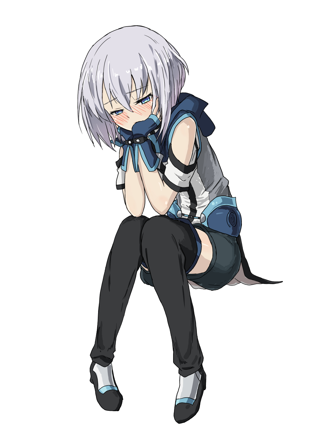 1boy bare_shoulders blue_eyes blue_gloves blush boots ernesti_echevalier fingerless_gloves gloves head_in_hand highres invisible_chair knight's_&amp;_magic kyouwa shiny shiny_hair short_hair shorts shoulder_cutout silver_hair simple_background sitting solo thigh-highs thigh_boots white_background