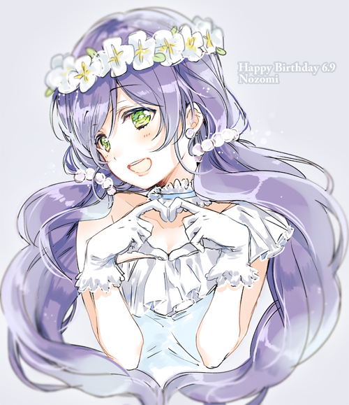 1girl character_name dated dress flower_wreath gloves green_eyes grey_background hair_bobbles hair_ornament happy_birthday head_wreath heart heart_hands long_hair love_live! love_live!_school_idol_project low_twintails nakayama_miyuki purple_hair simple_background solo toujou_nozomi twintails white_gloves yume_no_tobira