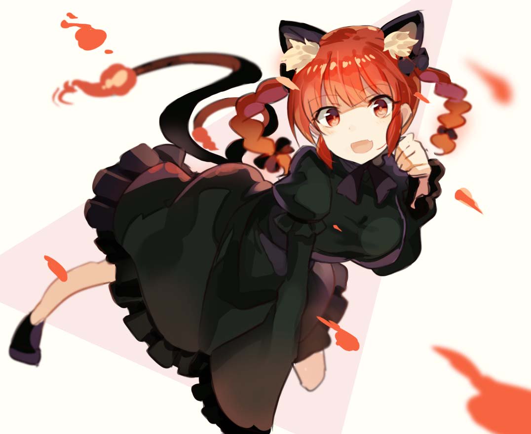1girl :d animal_ears bangs black_bow blush bow braid breasts cat_ears cat_tail dress extra_ears fang fire frilled_dress frilled_sleeves frills green_dress hair_bow juliet_sleeves kaenbyou_rin long_sleeves looking_at_viewer medium_breasts multiple_tails open_mouth puffy_sleeves red_eyes redhead rin_falcon short_hair_with_long_locks smile solo tail touhou twin_braids two_tails