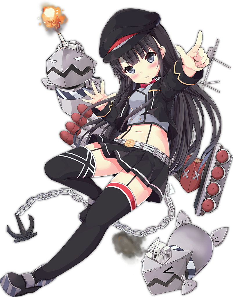 &gt;_&lt; 1girl anchor_symbol artist_request azur_lane bangs belt black_hair black_hat black_jacket black_legwear black_skirt blunt_bangs blush bow bowtie chains closed_mouth crop_top cropped_jacket eyebrows eyebrows_visible_through_hair full_body grey_eyes hair_between_eyes hat index_finger_raised jacket long_hair long_sleeves machinery military military_uniform miniskirt navel official_art pleated_skirt red_bow red_neckwear simple_background skirt solo stomach thigh-highs torpedo transparent_background turret uniform z19_hermann_kunne_(azur_lane) zettai_ryouiki