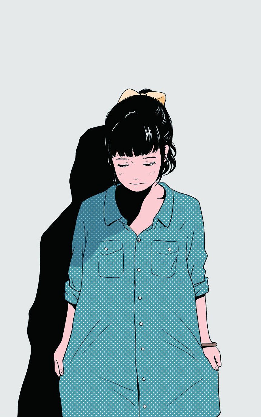 1girl bangs black_hair blue_shirt blunt_bangs blush bracelet buttons closed_eyes closed_mouth collared_shirt grey_background highres hosoo jewelry long_shirt original polka_dot polka_dot_shirt shadow shirt shirt_pocket short_hair simple_background solo standing translation_request wing_collar