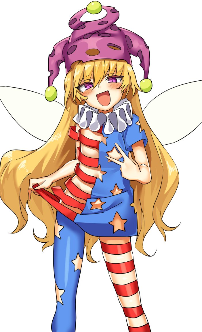 1girl american_flag_dress american_flag_legwear bangs blonde_hair blush clownpiece contrapposto dress dress_lift fairy_wings flat_chest hair_between_eyes hat head_tilt jester_cap lifted_by_self long_hair looking_at_viewer manarou neck_ruff open_mouth pantyhose pink_eyes purple_hat short_dress short_sleeves simple_background smile solo standing star_cutout striped striped_dress striped_legwear touhou v very_long_hair white_background wings