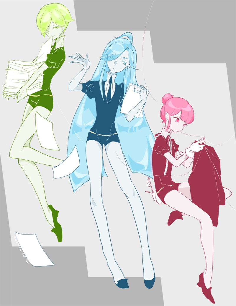 alexandrite_(houseki_no_kuni) androgynous black_footwear black_neckwear black_shorts blue_eyes blue_hair cojimama dated green_eyes green_hair hair_bun houseki_no_kuni long_hair necktie one_eye_closed peridot_(houseki_no_kuni) pink_eyes pink_hair red_beryl_(houseki_no_kuni) sewing shirt short_hair short_sleeves shorts signature uniform white_shirt