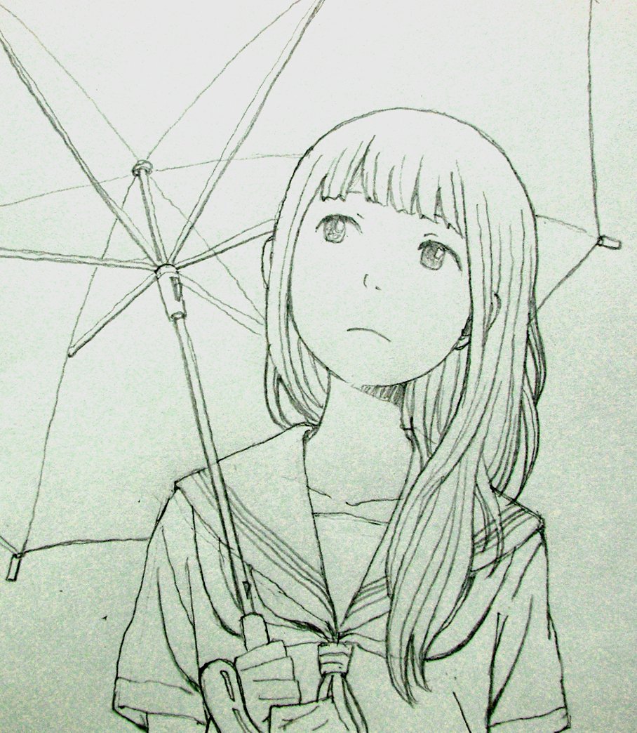 bangs blouse blunt_bangs closed_mouth frown holding holding_umbrella hosoo long_hair looking_up neckerchief pen_(medium) photo sailor_collar school_uniform serafuku short_sleeves sketch umbrella upper_body