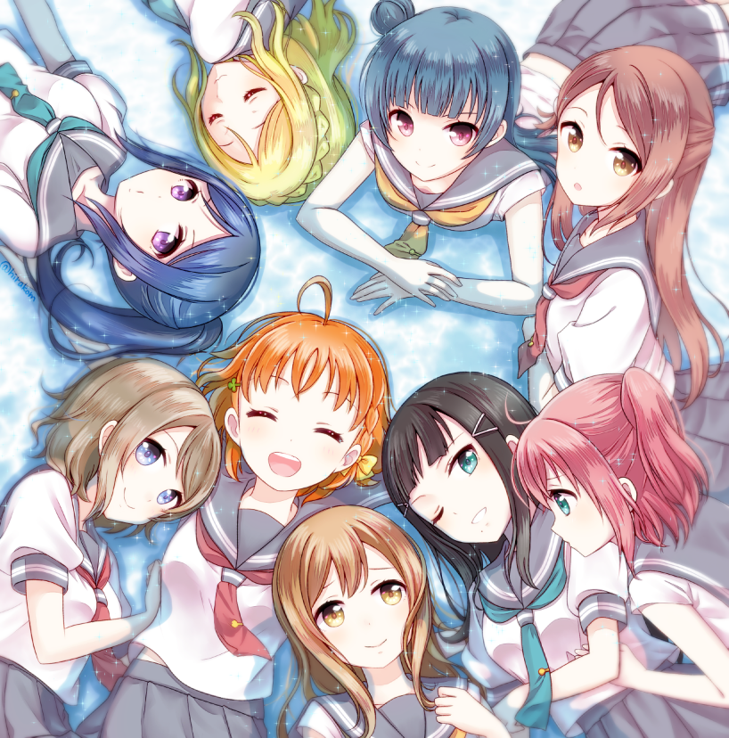 6+girls ahoge aqua_neckwear bangs black_hair blonde_hair blue_eyes blue_hair blunt_bangs brown_eyes brown_hair closed_eyes green_eyes grey_skirt grin hair_between_eyes hair_bun hair_ornament hairclip hirako kunikida_hanamaru kurosawa_dia kurosawa_ruby long_hair looking_at_another looking_at_viewer love_live! love_live!_sunshine!! lying matsuura_kanan multiple_girls necktie ohara_mari on_back on_stomach one_eye_closed open_mouth orange_hair parted_bangs partially_submerged pleated_skirt ponytail red_eyes red_neckwear redhead sakurauchi_riko side_bun skirt smile takami_chika tsushima_yoshiko uranohoshi_school_uniform violet_eyes watanabe_you yellow_neckwear