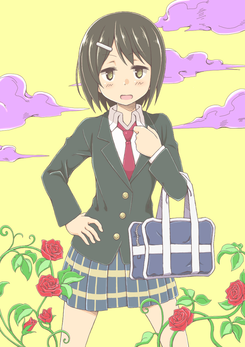 1girl bag black_hair clouds flower hair_ornament hand_on_hip highres ikeno_kaede oteruko_(wanabeee) pose red_neckwear rose sakura_trick school_uniform short_hair solo