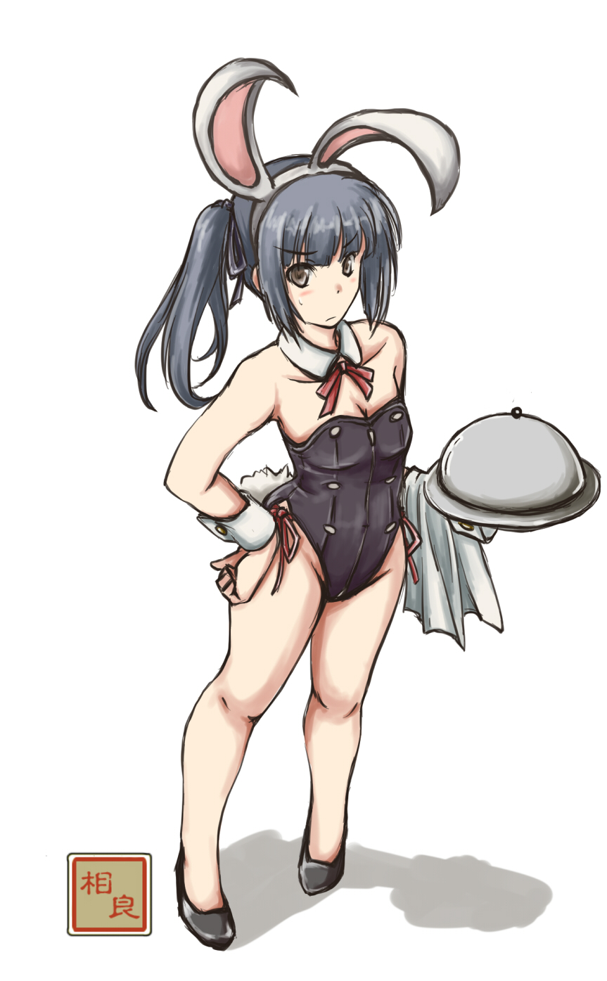 1girl adapted_costume animal_ears black_eyes black_leotard bunny_tail bunnysuit detached_collar flat_chest full_body grey_hair hand_on_hip highres kasumi_(kantai_collection) leotard long_hair looking_at_viewer masamori_ikemo neck_ribbon rabbit_ears red_ribbon ribbon serving_dome shadow side_ponytail simple_background solo strapless strapless_leotard tail towel tray white_background wrist_cuffs