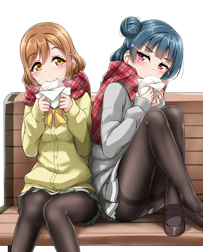 2girls bangs baozi bench black_footwear black_legwear blue_hair blush bow bowtie brown_hair commentary_request crossed_ankles eating eyebrows_visible_through_hair food hair_ornament hairclip holding holding_food knees_up kunikida_hanamaru loafers long_hair long_sleeves love_live! love_live!_sunshine!! miniskirt multiple_girls napkin panties panties_under_pantyhose pantyhose pantyshot pantyshot_(sitting) plaid plaid_scarf pleated_skirt red_scarf scarf school_uniform shoes side_bun simple_background sitting sitting_on_bench skirt thighband_pantyhose tsushima_yoshiko underwear violet_eyes white_background yellow_eyes yellow_neckwear yopparai_oni