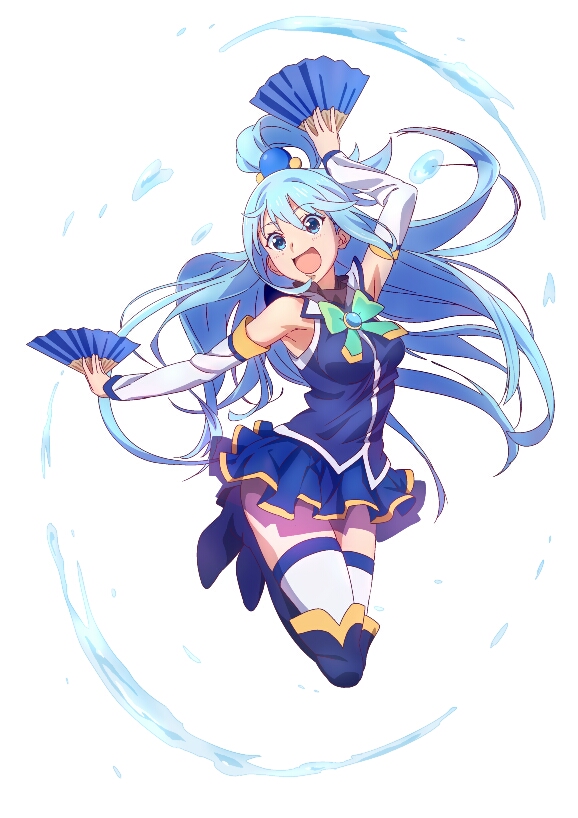 aqua_(konosuba) bare_shoulders blue_eyes blue_footwear blue_hair blue_legwear blue_shirt blue_skirt boots bow detached_sleeves fan folding_fan green_bow hair_ornament hair_rings kono_subarashii_sekai_ni_shukufuku_wo! long_hair open_mouth shirt skirt tama thigh-highs thigh_boots