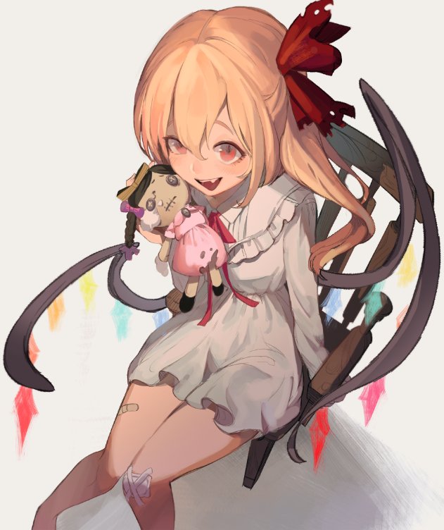 1girl bandaid bandaid_on_knee blonde_hair chair dress fang flandre_scarlet freng from_above hair_between_eyes hair_ribbon knees_together_feet_apart looking_at_viewer red_eyes red_ribbon ribbon short_dress side_ponytail simple_background sitting smile solo stuffed_toy touhou white_dress