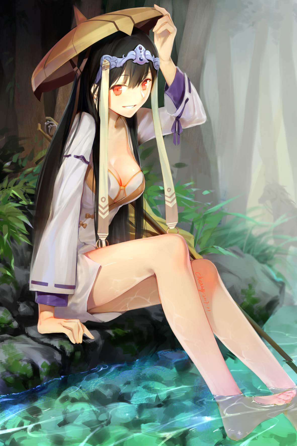 1girl arm_support barefoot bikini bikini_top black_hair breasts cherry_(10013717) cleavage fate/grand_order fate_(series) grin hat headpiece highres long_hair long_sleeves looking_at_viewer medium_breasts plant red_eyes signature sitting smile soaking_feet solo staff swimsuit tree water white_bikini xuanzang_(fate/grand_order)