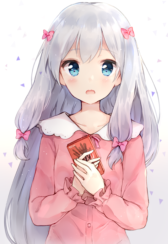 1girl blue_eyes blush bow eromanga_sensei food gradient gradient_background hair_bow hoshiineko izumi_sagiri long_hair looking_at_viewer open_mouth pajamas pink_bow pocky silver_hair solo