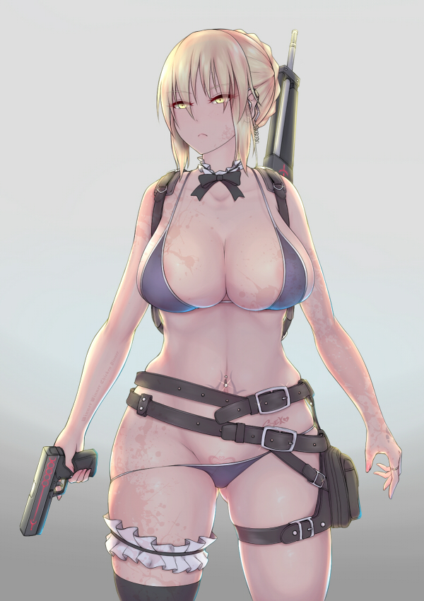 1girl arms_at_sides artoria_pendragon_(all) backpack bag bangs bare_arms bare_shoulders belt belt_buckle belt_pouch bikini bikini_pull black_bow black_legwear black_neckwear blonde_hair bow bowtie breasts buckle butt_crack cleavage closed_mouth collarbone commentary_request cowboy_shot earrings fate/grand_order fate_(series) frills glint grey_background groin gun holding holding_gun holding_weapon jewelry large_breasts leg_garter legs_apart neck_garter nikuku_(kazedesune) playerunknown's_battlegrounds purple_bikini ring saber_alter short_hair simple_background single_thighhigh skindentation solo standing stomach_tattoo swimsuit thigh-highs thighs trigger_discipline tsurime weapon weapon_on_back yellow_eyes