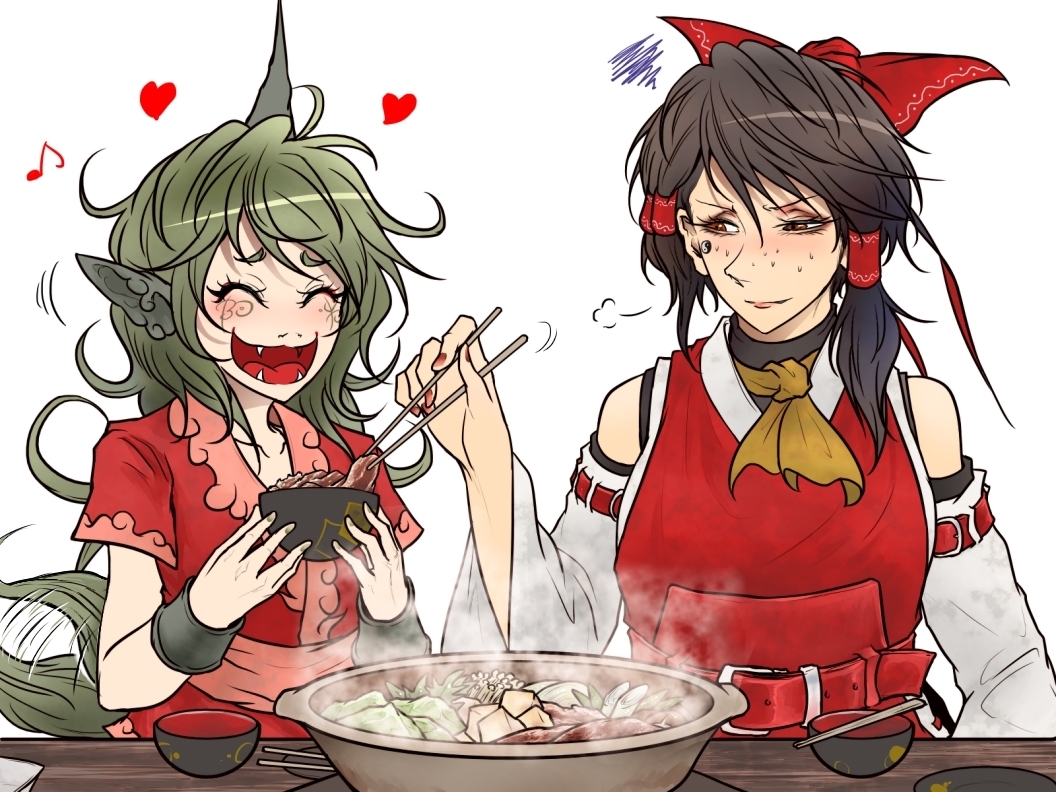 +++ 2girls :d =3 ^_^ animal_ears ascot bare_arms bare_shoulders blush bow brown_eyes chocolate_hair chopsticks closed_eyes closed_mouth cloud_print collarbone curly_hair detached_sleeves facepaint fangs food green_eyes green_hair hair_bow hair_tubes hakurei_reimu hand_up hands_up happy heart holding_chopsticks horn hotpot kariyushi_shirt komano_aunn long_hair looking_at_another medium_hair motion_lines multiple_girls musical_note nose_blush open_mouth quaver red_shirt ryuuichi_(f_dragon) shirt short_sleeves side_ponytail simple_background smile sweat sweating_profusely table tail tail_wagging touhou upper_body white_background