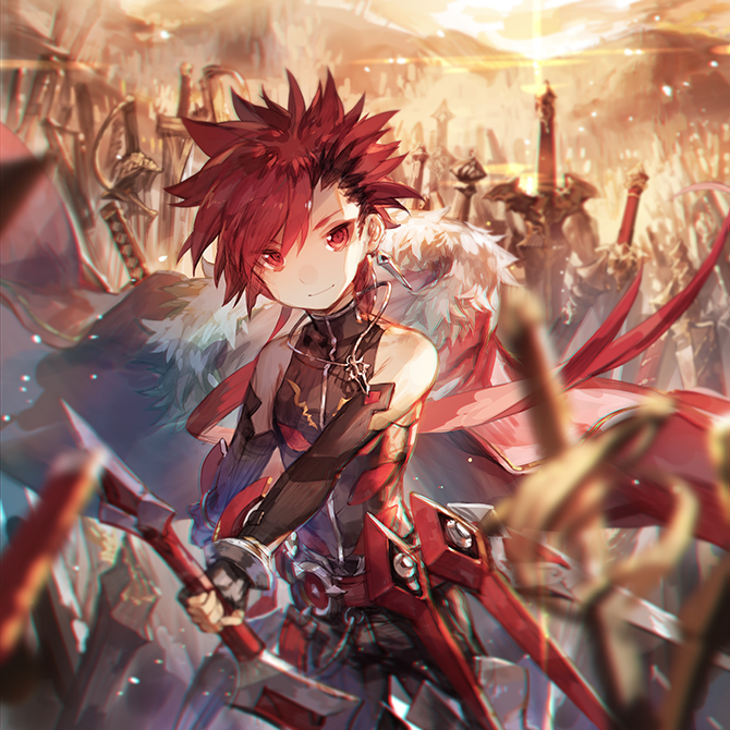 1boy black_hair cape detached_sleeves earrings elsword elsword_(character) gloves infinity_sword_(elsword) jewelry light_particles light_rays light_smile male_focus multicolored_hair necklace red_eyes redhead scorpion5050 solo spiky_hair sword two-tone_hair weapon