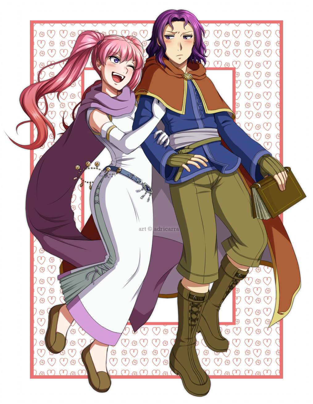 1boy 1girl adricarra arm_grab belt blush book boots cape cross-laced_footwear dress elbow_gloves erk_(fire_emblem) fingerless_gloves fire_emblem fire_emblem:_rekka_no_ken gloves heart heart_background highres locked_arms long_hair long_sleeves looking_at_another one_eye_closed open_mouth pants pink_hair purple_hair robe scarf serra shoes short_hair sleeveless smile twintails violet_eyes white_dress white_gloves