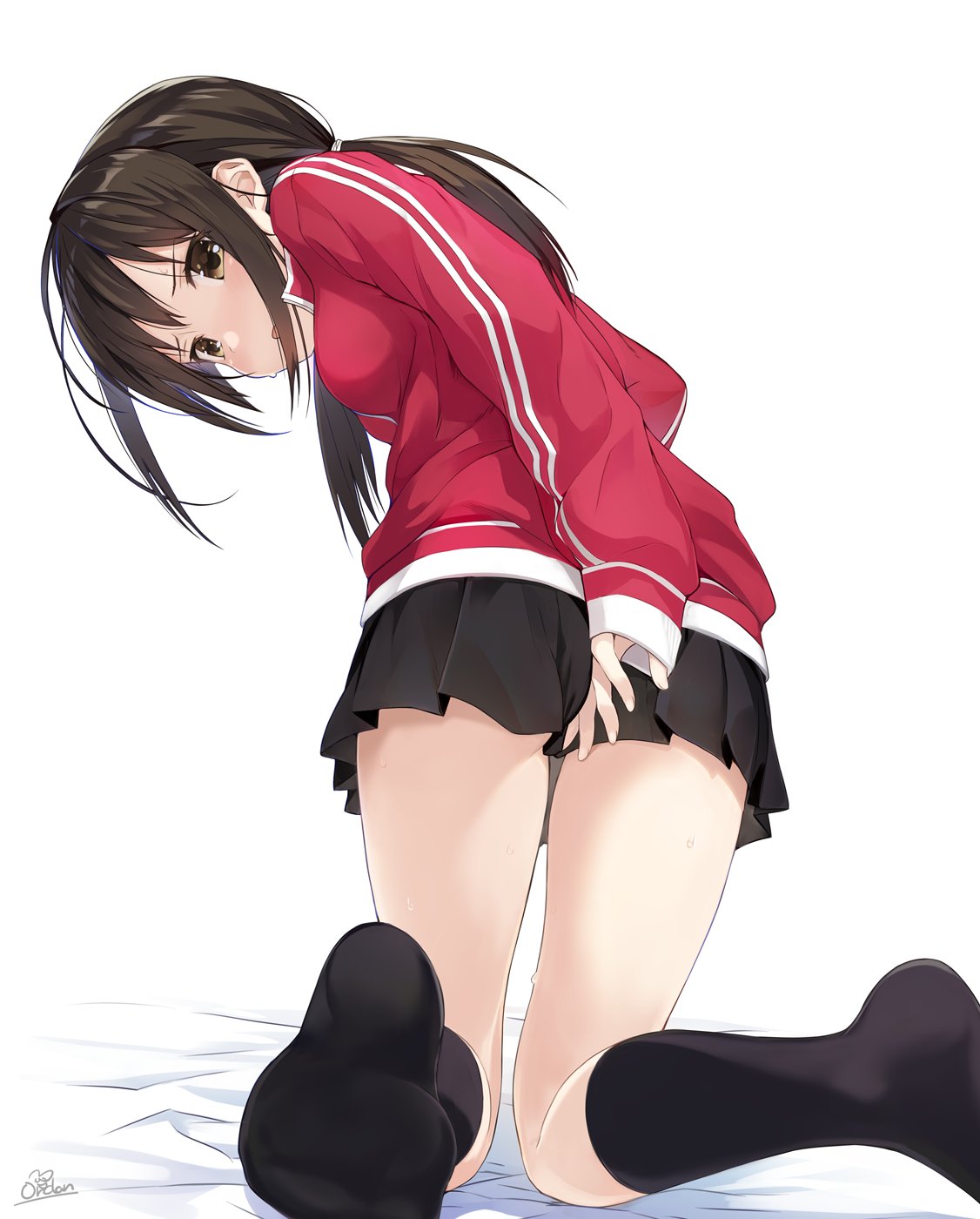 1girl amagai_tarou arm_behind_back ass bed_sheet black_legwear black_skirt blush breasts brown_eyes brown_hair commentary_request from_behind highres jacket kneehighs kneeling knees_together_feet_apart long_hair looking_at_viewer looking_back low_twintails miniskirt no_shoes open_mouth original pleated_skirt red_jacket sidelocks signature simple_background skirt sleeves_past_wrists small_breasts soles solo striped track_jacket twintails vertical_stripes white_background