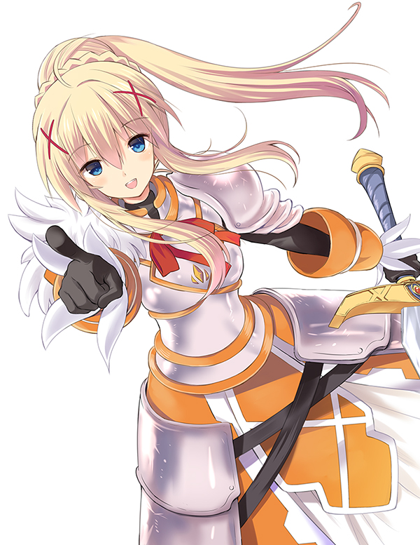 armor blonde_hair blue_eyes blush darkness_(konosuba) hair_ornament hair_rings kono_subarashii_sekai_ni_shukufuku_wo! pointing pointing_at_viewer ponytail sword watari_shinji weapon x_hair_ornament