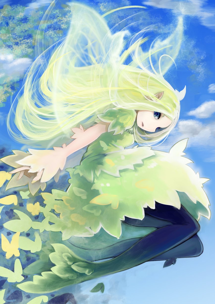 1girl black_legwear blonde_hair blue_eyes blue_sky butterfly day dress full_body green_dress highres long_hair looking_at_viewer monster_girl original outdoors pale_skin pointy_ears sky solo urase_(oiyara) wings