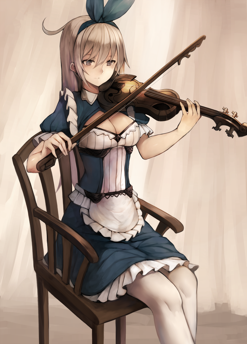 1girl ahoge apron bangs blue_dress breasts chair cleavage closed_mouth dress expressionless frilled_apron frilled_dress frills grey_eyes hairband highres inaba_sunimi instrument long_hair medium_breasts music original pantyhose playing_instrument puffy_short_sleeves puffy_sleeves short_sleeves silver_hair sitting solo violin waist_apron white_legwear