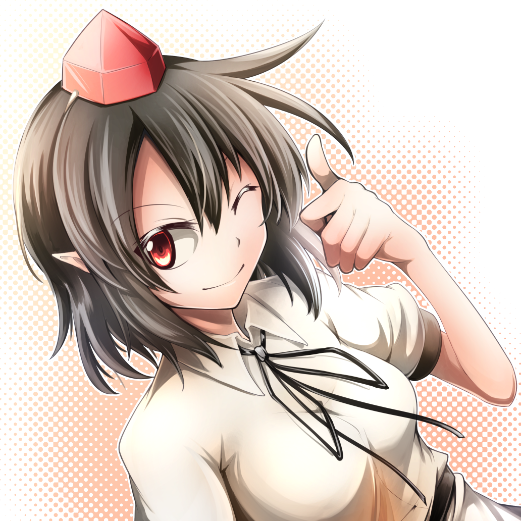 1girl ashiroku_(miracle_hinacle) black_hair black_neckwear black_ribbon breasts commentary_request dress_shirt hat looking_at_viewer medium_breasts one_eye_closed pointy_ears puffy_short_sleeves puffy_sleeves red_eyes ribbon shameimaru_aya shirt short_hair short_sleeves smile thumbs_up tokin_hat touhou white_shirt